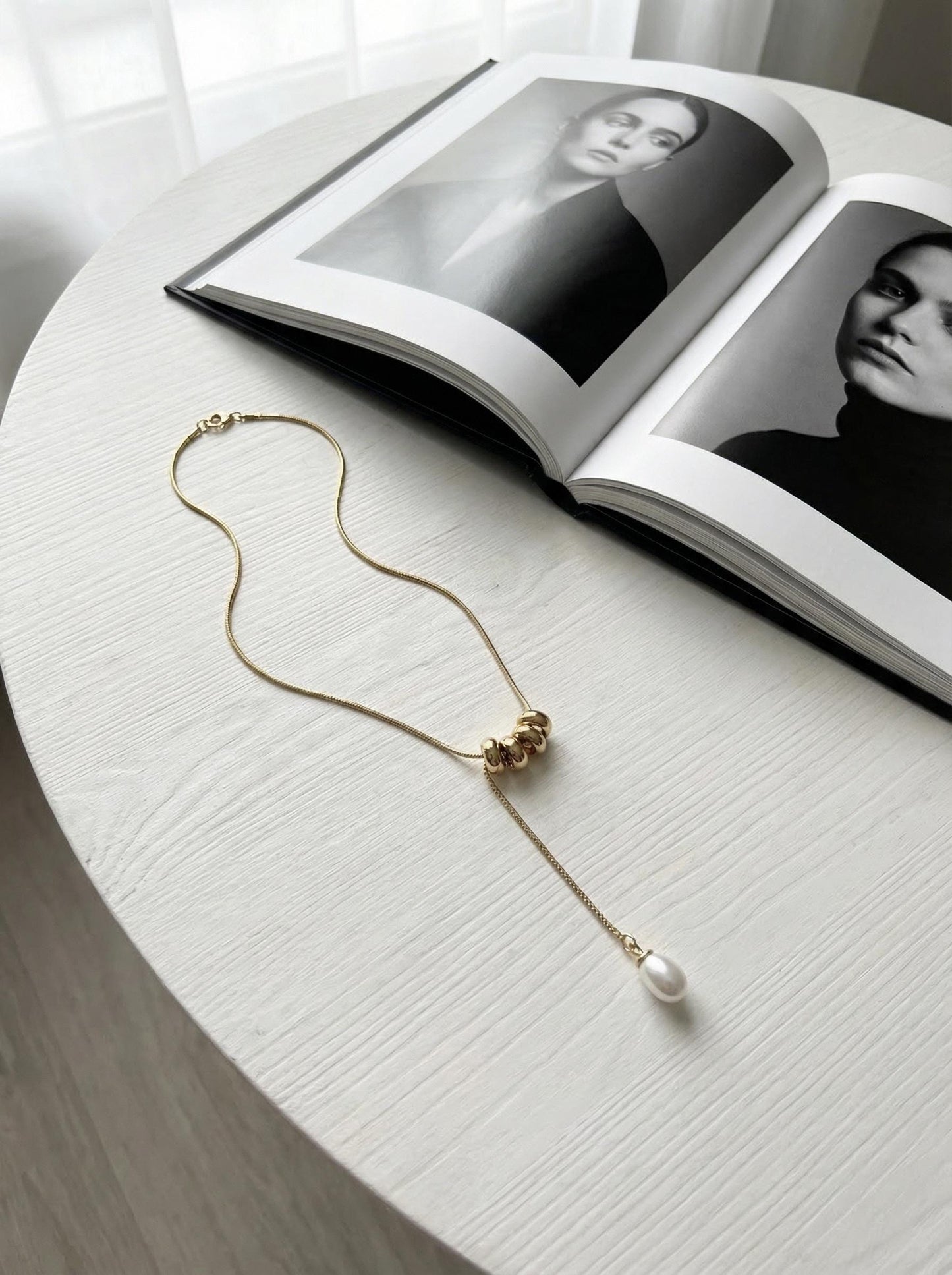 Stainless Steel Pearl Pendant Necklace Hypoallergenic Water-Resistant Minimalist Y Lariat Jewelry, Elegant Modern Gift for Women