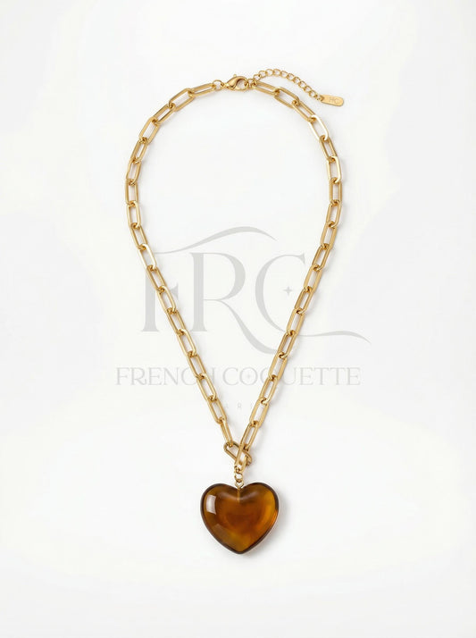 Gold Layering Necklace Marbled Bead Necklace, Brown Heart Pendant, Stainless Steel Gold Plated, Elegant Feminine Jewelry