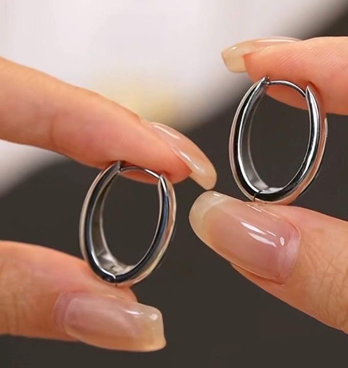 Set de Créoles ovales platine acier inox Grandes et mini sans perçage doreilles