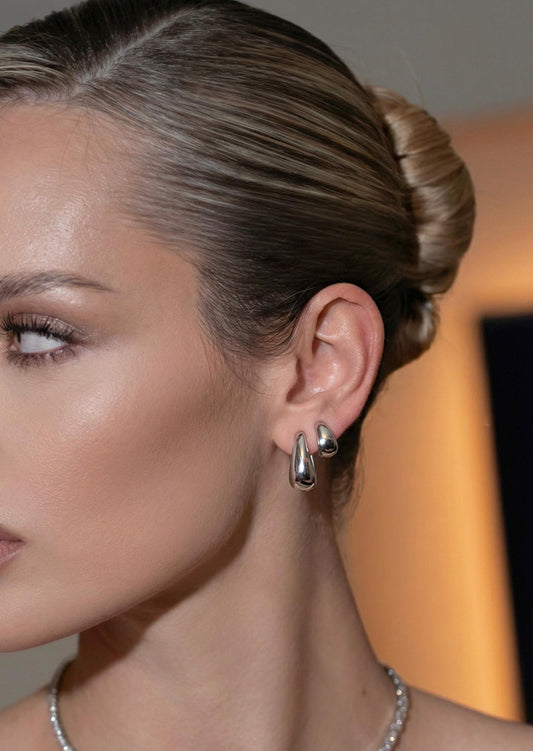 Set de Créoles ovales platine acier inox Grandes et mini sans perçage doreilles