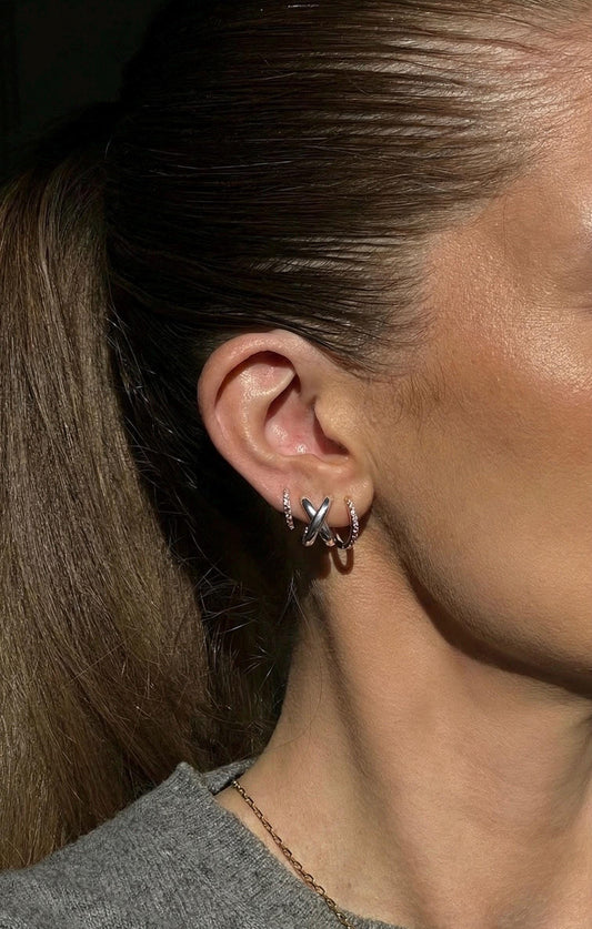 Silver Cross Hoop Earrings  Minimalist Intertwined Stainless Steel Earrings, Modern Chic Jewelry for Women