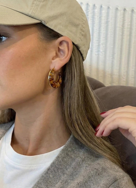 Tortoiseshell Hoop Earrings  Brown Resin Gold plated stainless steel, Retro Chic Vintage Inspired Jewelry - Gift for her