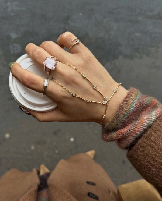 Gold Hand Chain, Bridal Hand Chain Bracelet, Silver Sahmaran, Finger Bracelet, Dainty Hand Chain Bracelet, Bezel Diamond Hand Chain Sahmeran