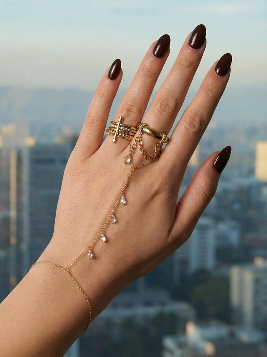 Gold Plated Sterling Silver Hand Chain, Shiny CZ Pear Drops, Adjustable Slave Bracelet, Elegant Statement Jewelry for Women