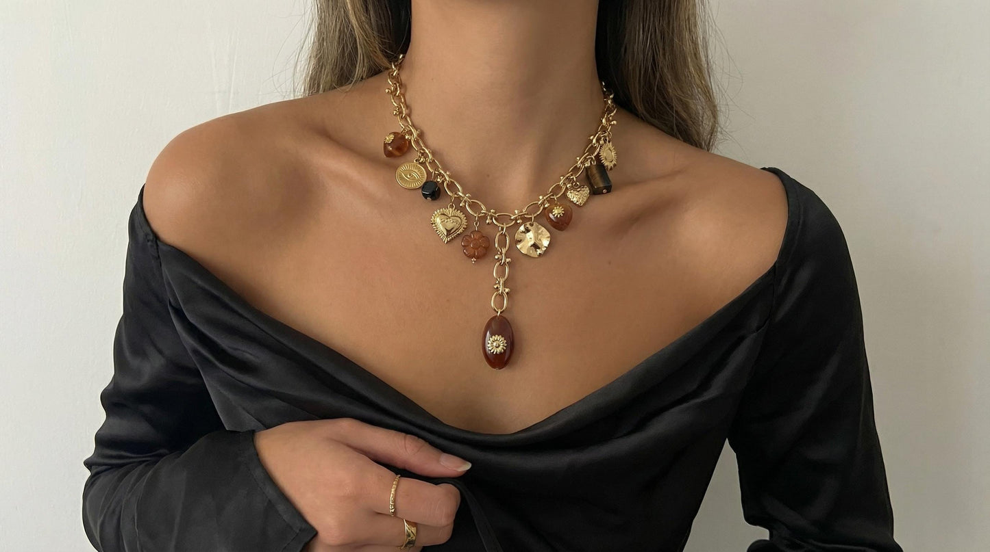 Gold Charm Necklace  Vintage Inspired Chunky Chain Necklace, Statement Medallion Jewelry for Women