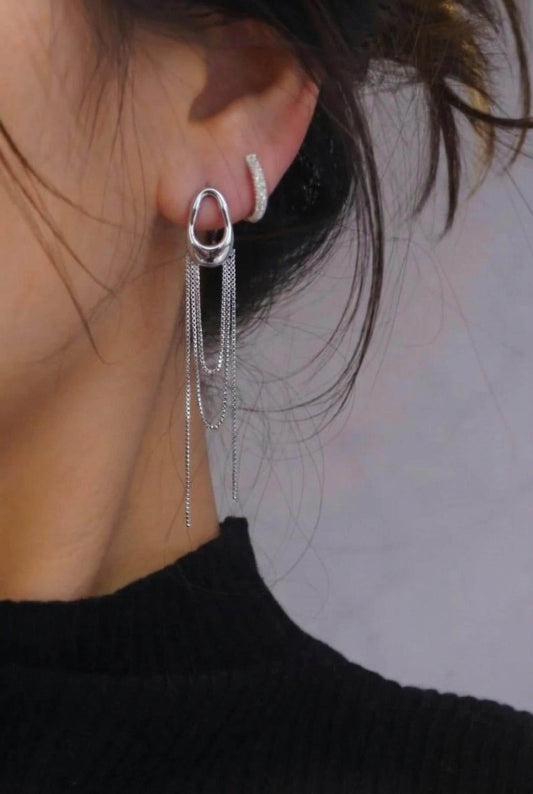 Silver Chain Tassel Earrings Minimalist Stainless Steel Hoop Earrings Modern Dangle Drop Jewelry for Women