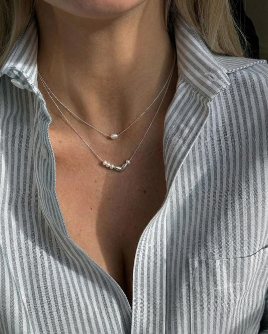 Layered Pearl Heart Silver Necklace Set  Minimalist Silver Stainless Steel Necklaces, Romantic Modern Jewelry