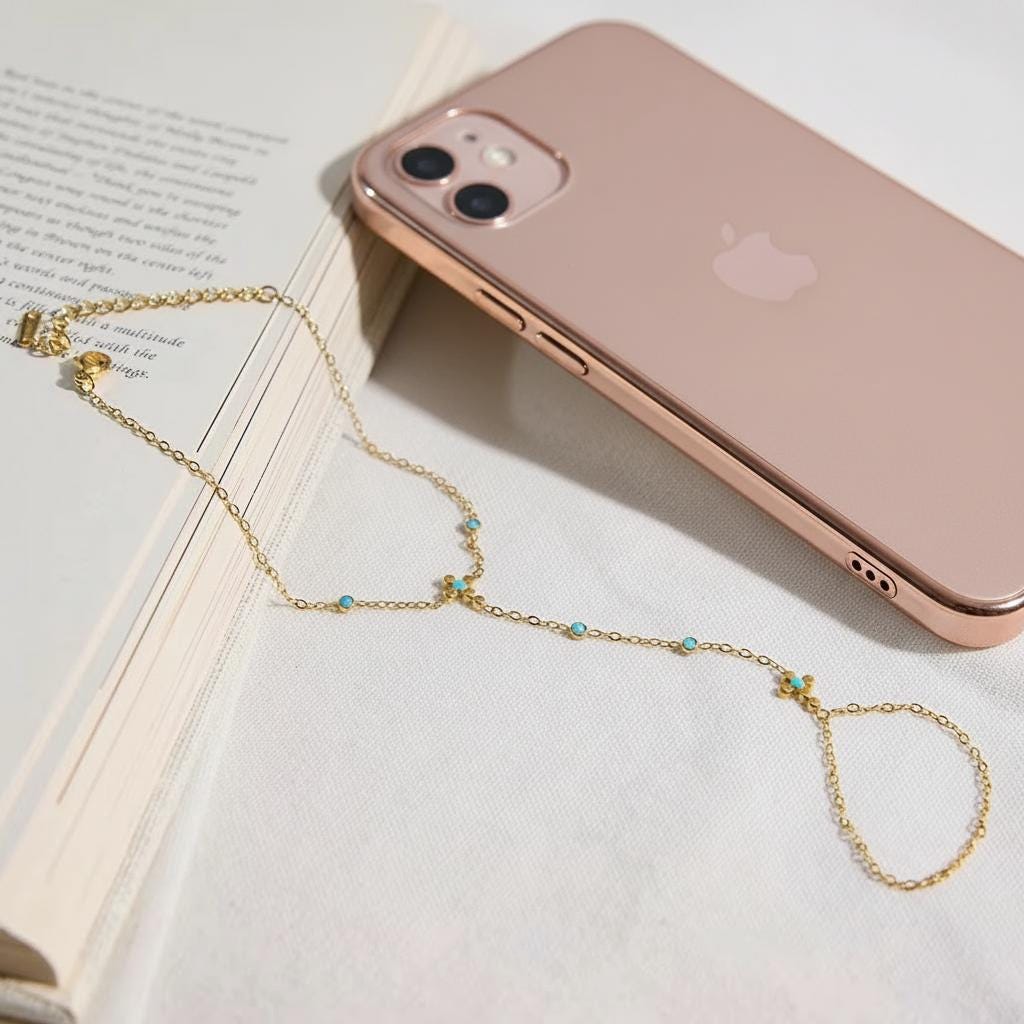 Gold Hand Chain Turquoise Beads, Stainless Steel Hand Bracelet, Minimal Hand Jewelry, Waterproof Hypoallergenic Gift