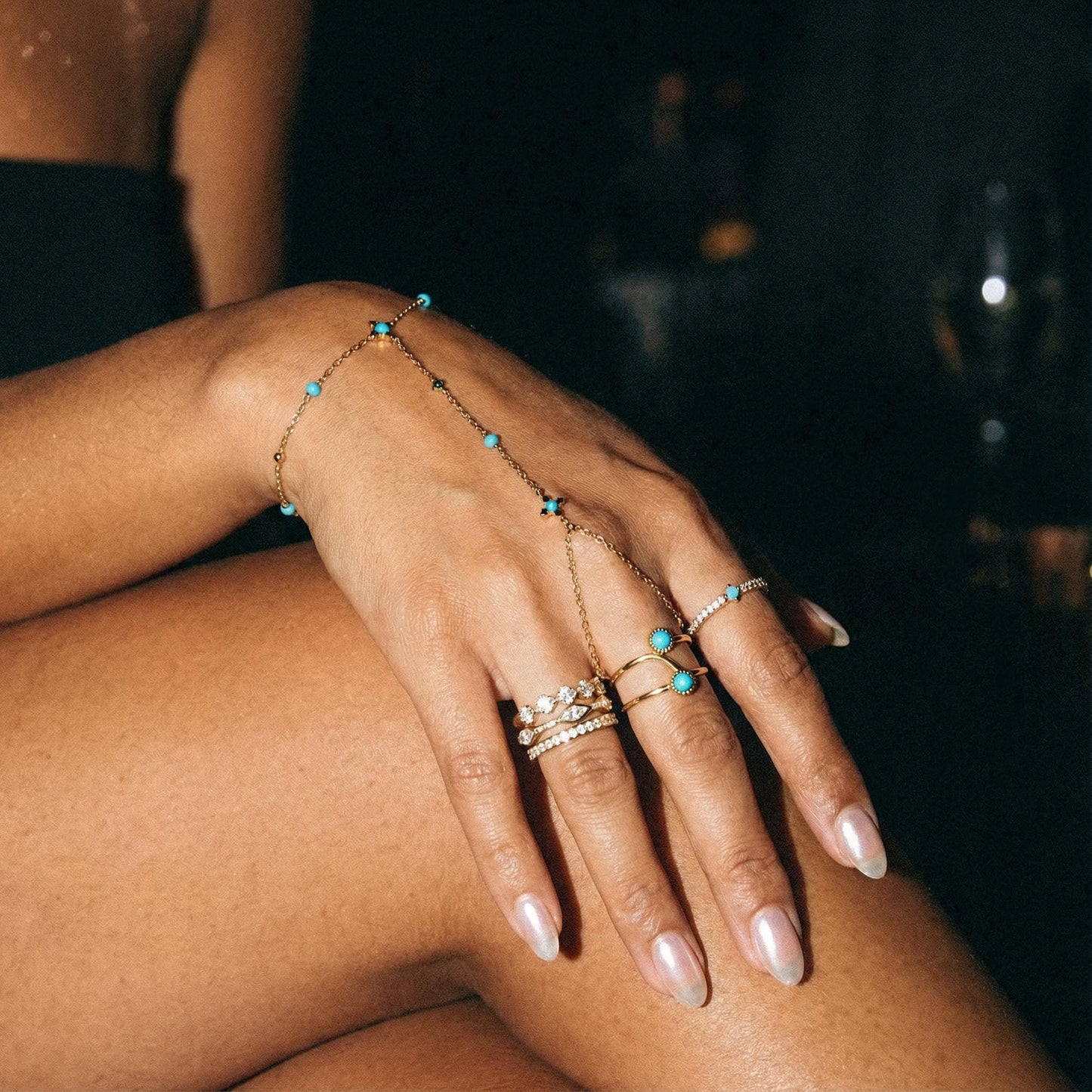 Gold Hand Chain Turquoise Beads, Stainless Steel Hand Bracelet, Minimal Hand Jewelry, Waterproof Hypoallergenic Gift