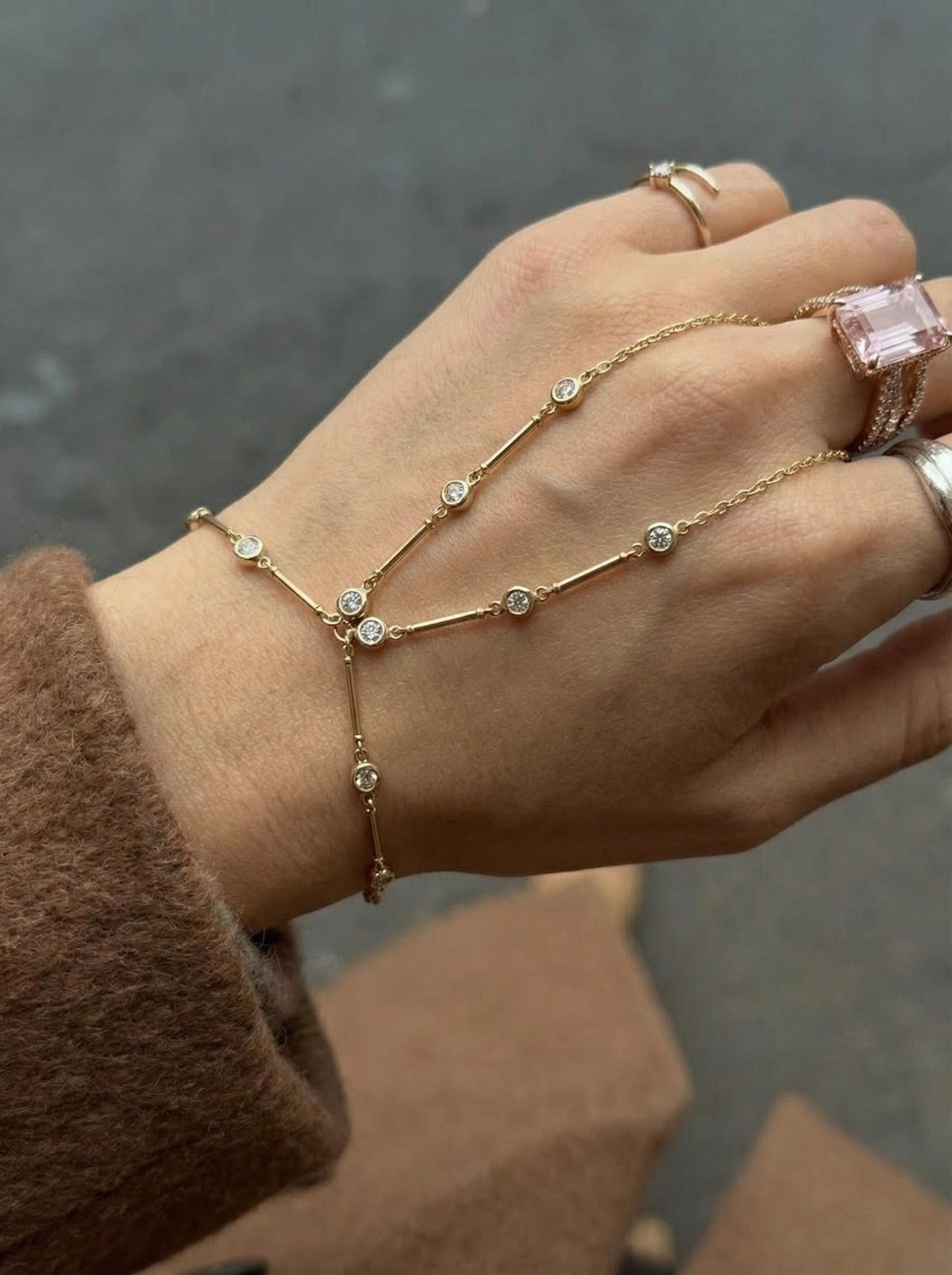 Gold Hand Chain, Bridal Hand Chain Bracelet, Silver Sahmaran, Finger Bracelet, Dainty Hand Chain Bracelet, Bezel Diamond Hand Chain Sahmeran