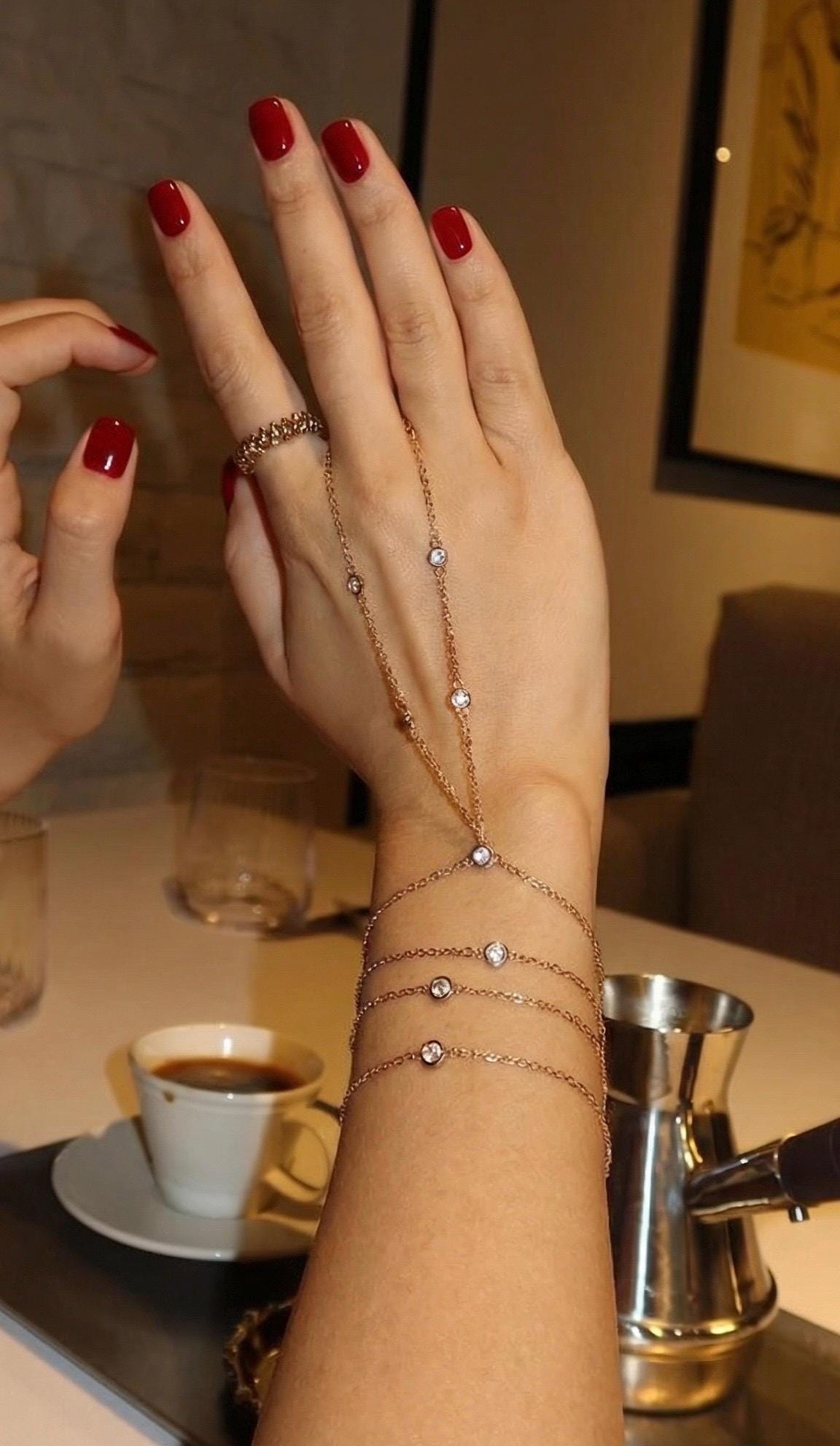 Gold Hand Chain, Bridal Hand Chain Bracelet, Silver Sahmaran, Finger Bracelet, Dainty Hand Chain Bracelet, Bezel Diamond Hand Chain Sahmeran