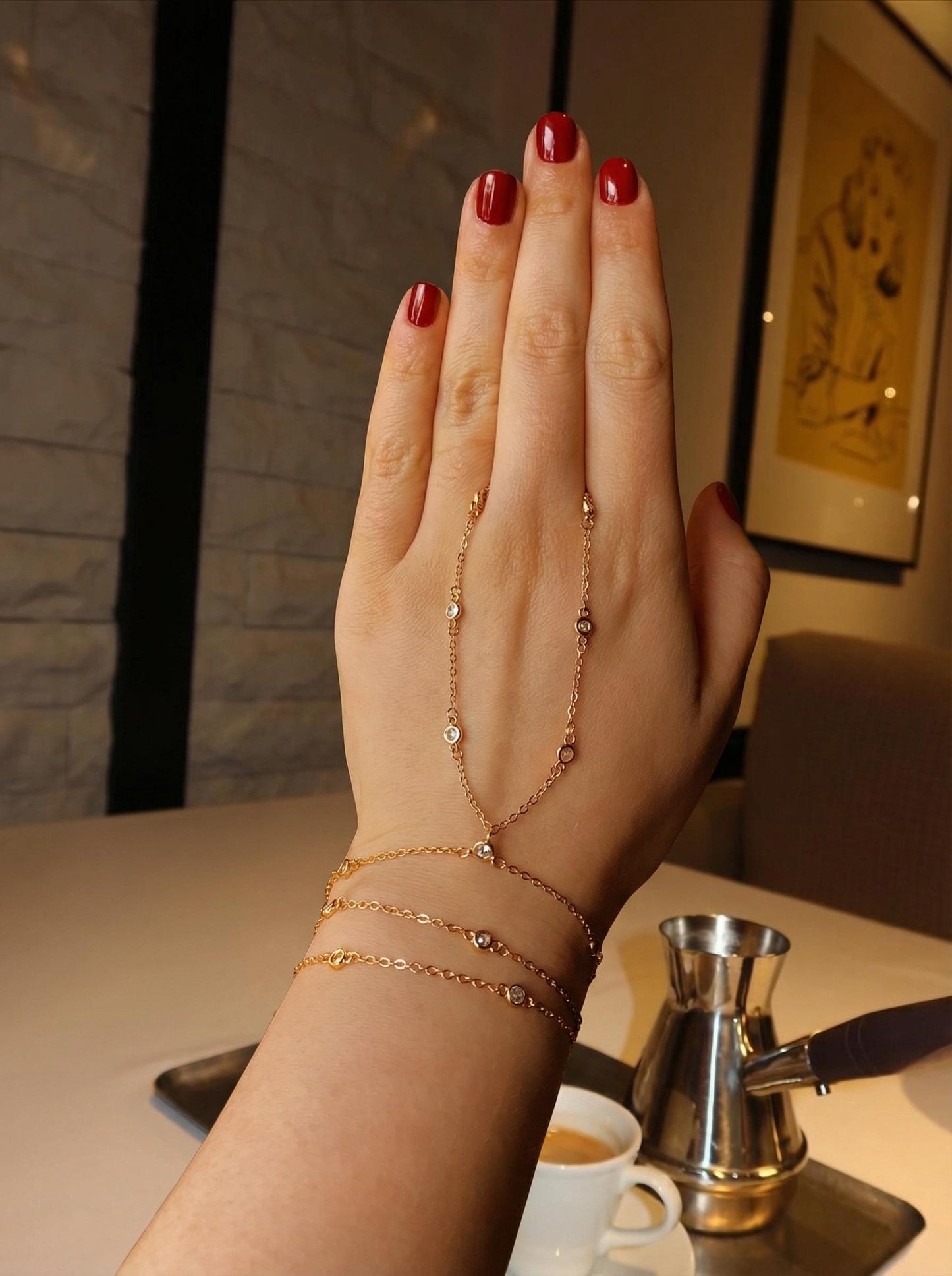 Gold Hand Chain, Bridal Hand Chain Bracelet, Silver Sahmaran, Finger Bracelet, Dainty Hand Chain Bracelet, Bezel Diamond Hand Chain Sahmeran