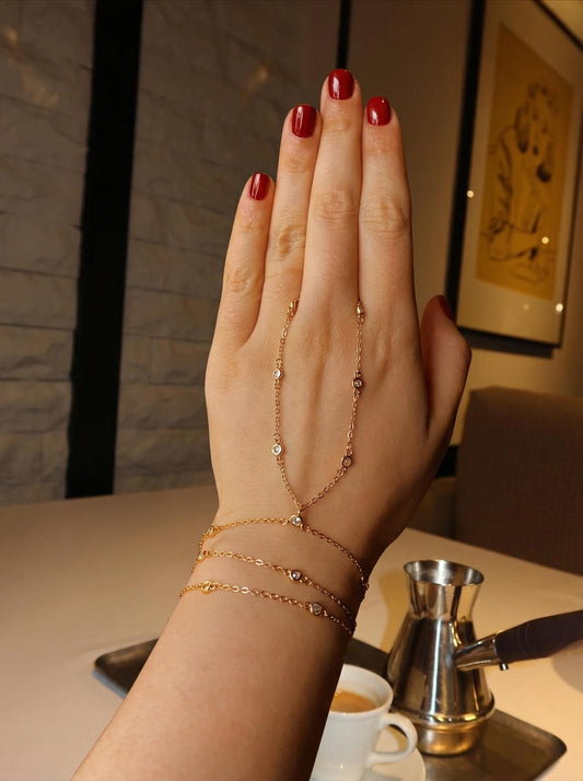 Gold Hand Chain, Bridal Hand Chain Bracelet, Silver Sahmaran, Finger Bracelet, Dainty Hand Chain Bracelet, Bezel Diamond Hand Chain Sahmeran