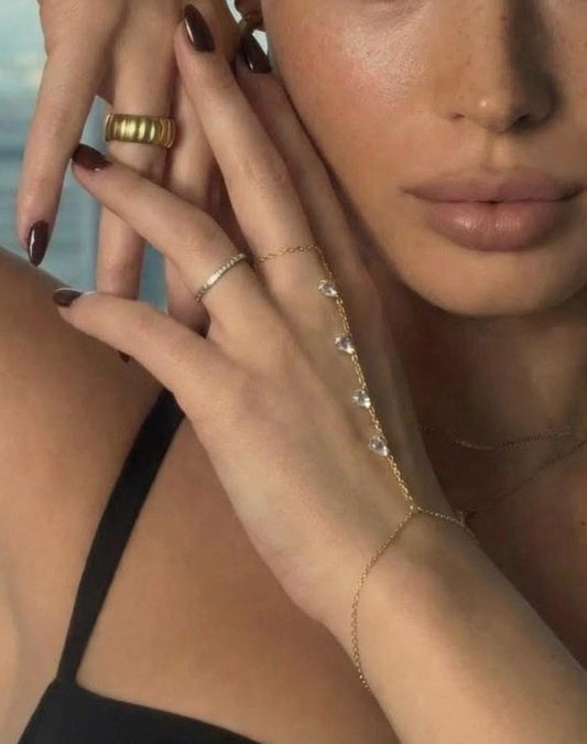 Gold Plated Sterling Silver Hand Chain, Shiny CZ Pear Drops, Adjustable Slave Bracelet, Elegant Statement Jewelry for Women