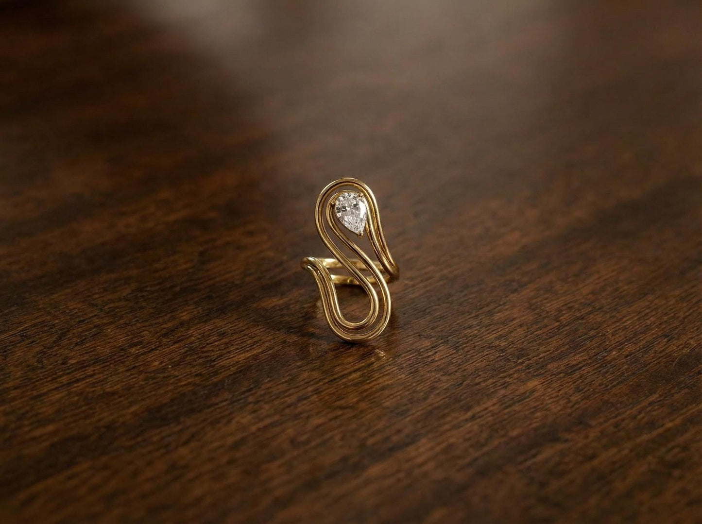 Adjustable S-Shape Gold Plated Sterling Silver Ring Hypoallergenic Waterproof CZ Statement Ring,Bridal Modern Minimalist Jewelry for Women