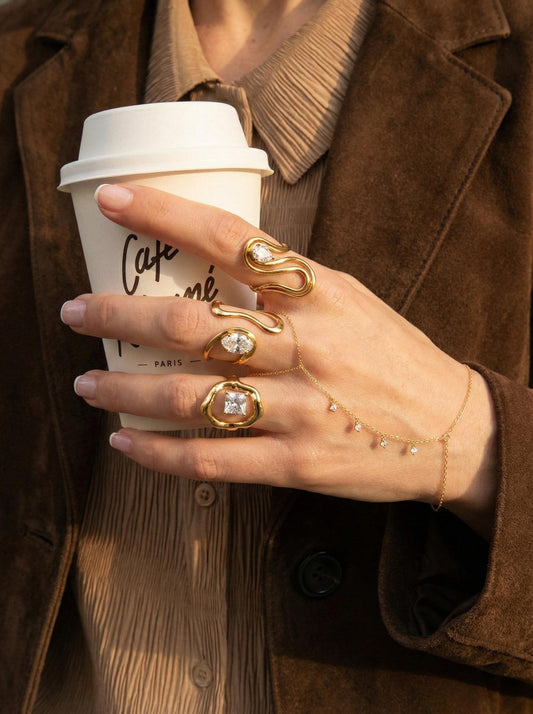 Parisian Chic Adjustable Gold Rings Waterproof Stainless Steel, Hypoallergenic, CZ Statement Ring, Free Size Fashion Jewelry, Gift for Her