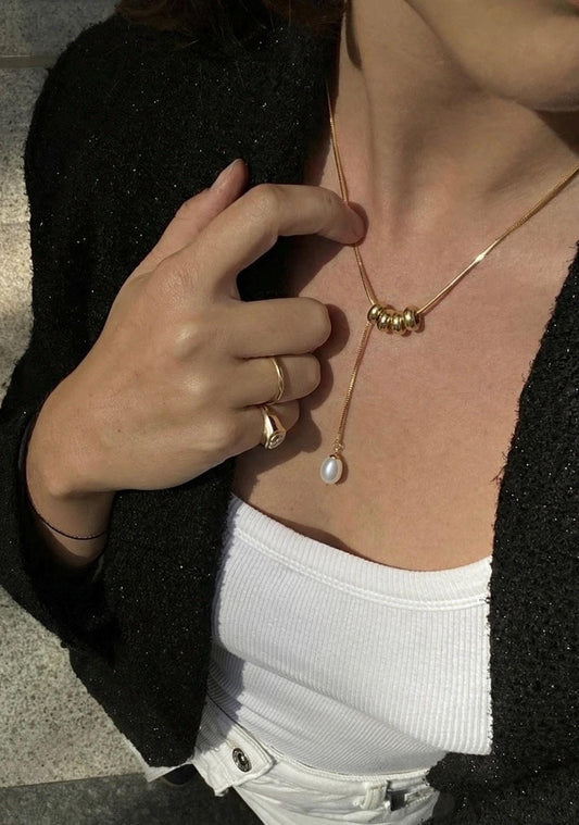 Stainless Steel Pearl Pendant Necklace  Hypoallergenic Water-Resistant Minimalist Y Lariat Jewelry, Elegant Modern Gift for Women