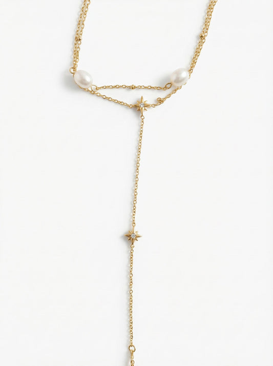 Gold Hand Chain Bracelet with Stars and Pearls, Stainless Steel Jewelry, Parisian Chic Statement Hand Jewelry