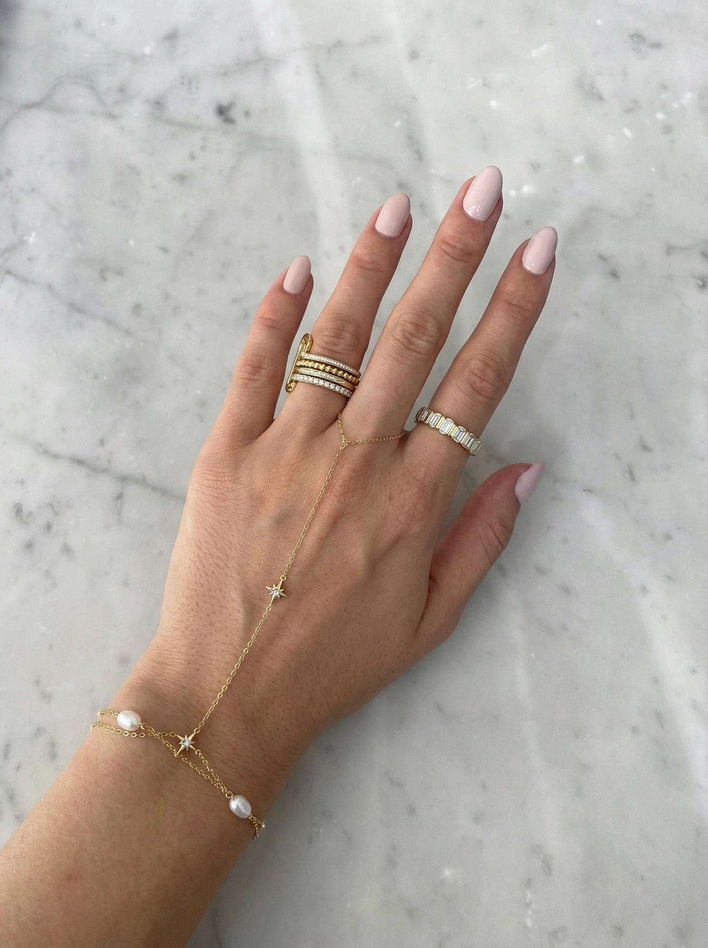 Gold Hand Chain Bracelet with Stars and Pearls, Stainless Steel Jewelry, Parisian Chic Statement Hand Jewelry