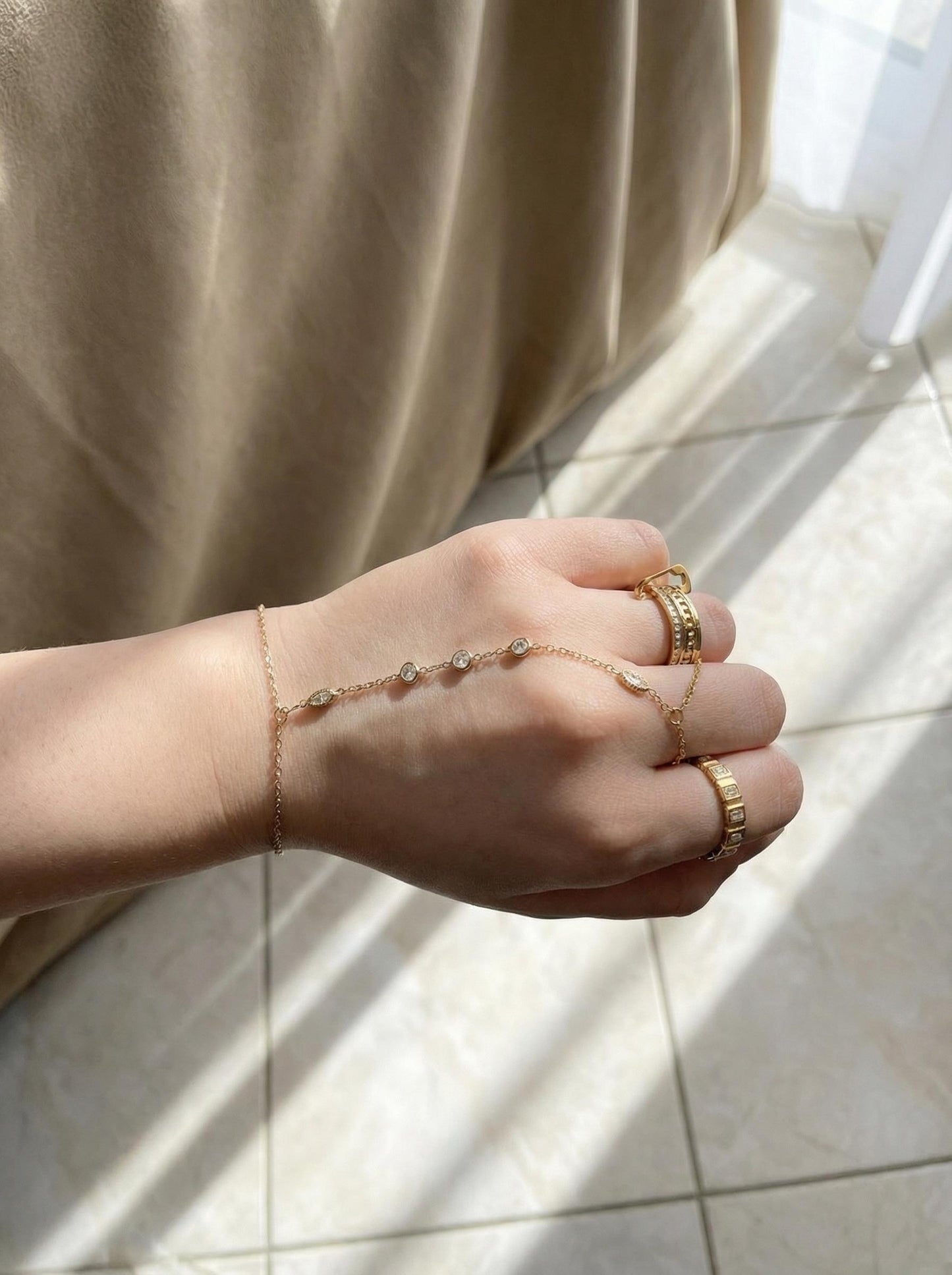 Gold Hand Chain Bracelet with CZ Stones, Stainless Steel Jewelry, Adjustable Waterproof Hand Jewelry, Parisian Chic