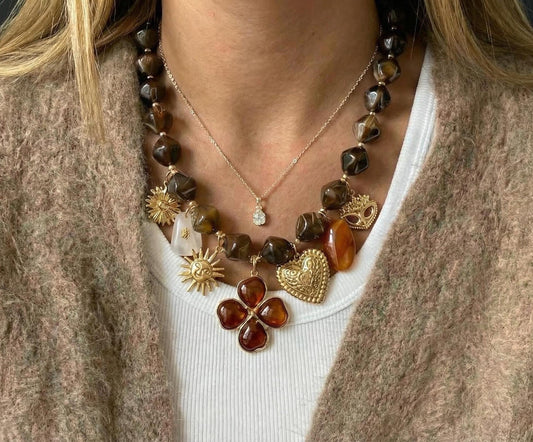 Statement Resin Charm Necklace, Brown Beads & Gold Charms, Stainless Steel Chain, Boho Vintage Necklace