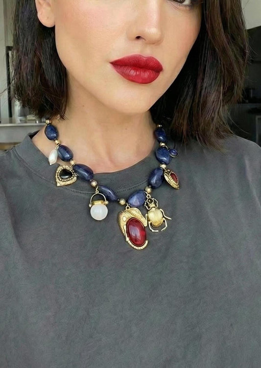 Statement Charms Necklace Resin Beads Stainless Steel | Bold Vintage Style Chunky Necklace | Adjustable Chain