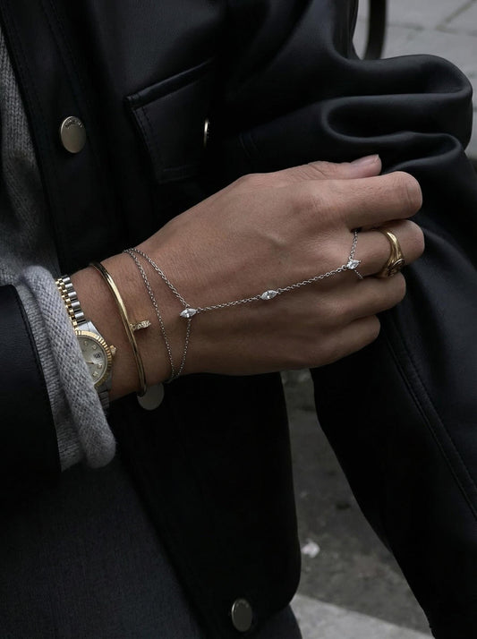 Rhodium Hand Chain Bracelet with Zircon Stones  Dainty Silver Hand Harness  Elegant Minimalist Hand Jewelry