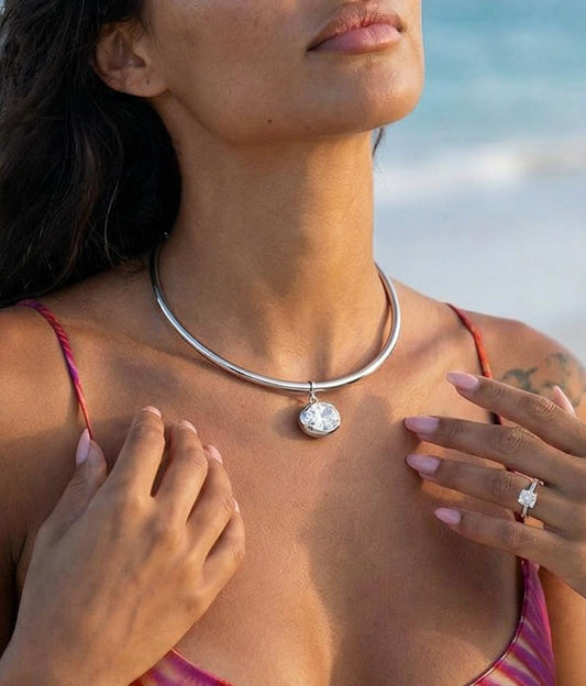 Minimal Gold Pendant Necklace Stainless Steel Choker with Crystal Charm Hypoallergenic Trendy Fashion Jewelry Bridal Stylish Statement piece