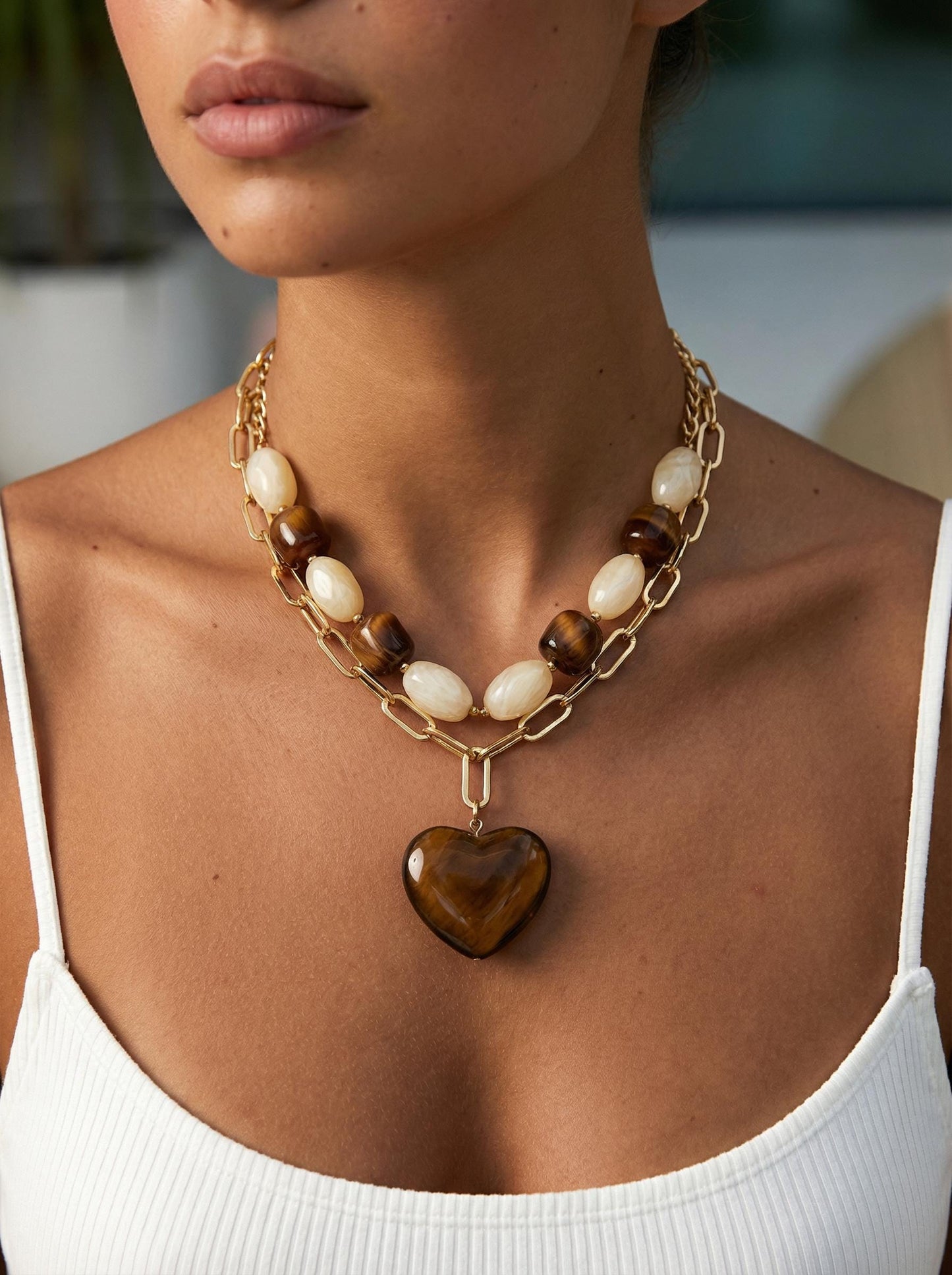 Gold Layering Necklace  Marbled Bead Necklace, Brown Heart Pendant, Stainless Steel Gold Plated, Elegant Feminine Jewelry