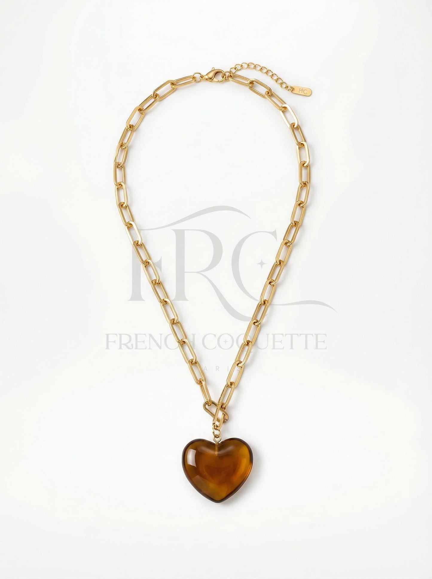 Gold Layering Necklace  Marbled Bead Necklace, Brown Heart Pendant, Stainless Steel Gold Plated, Elegant Feminine Jewelry