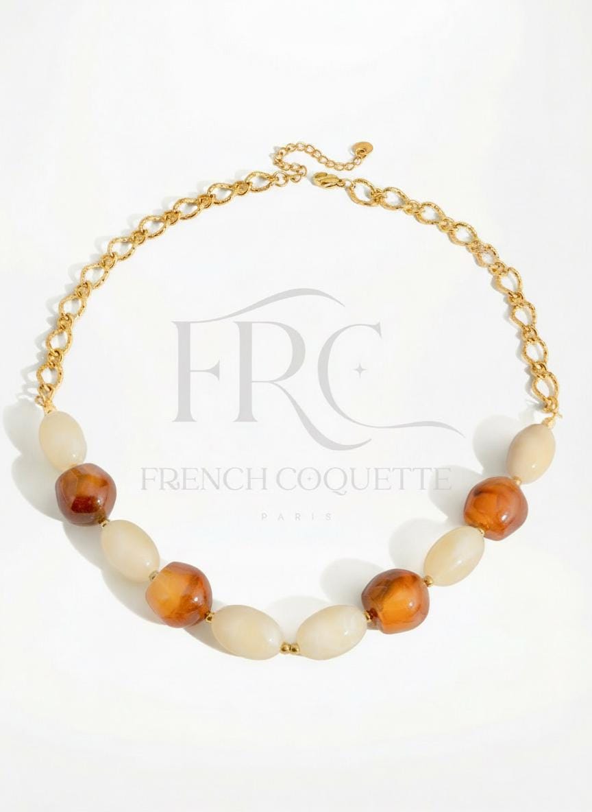 Gold Layering Necklace  Marbled Bead Necklace, Brown Heart Pendant, Stainless Steel Gold Plated, Elegant Feminine Jewelry