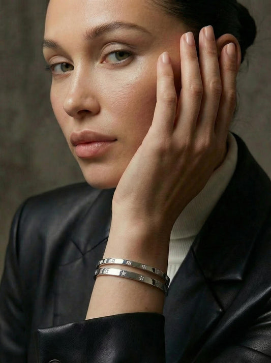 Minimalist Stainless Steel Bangle Bracelet  Star or Square Zircon Frame  Waterproof Elegant Stackable Cuff