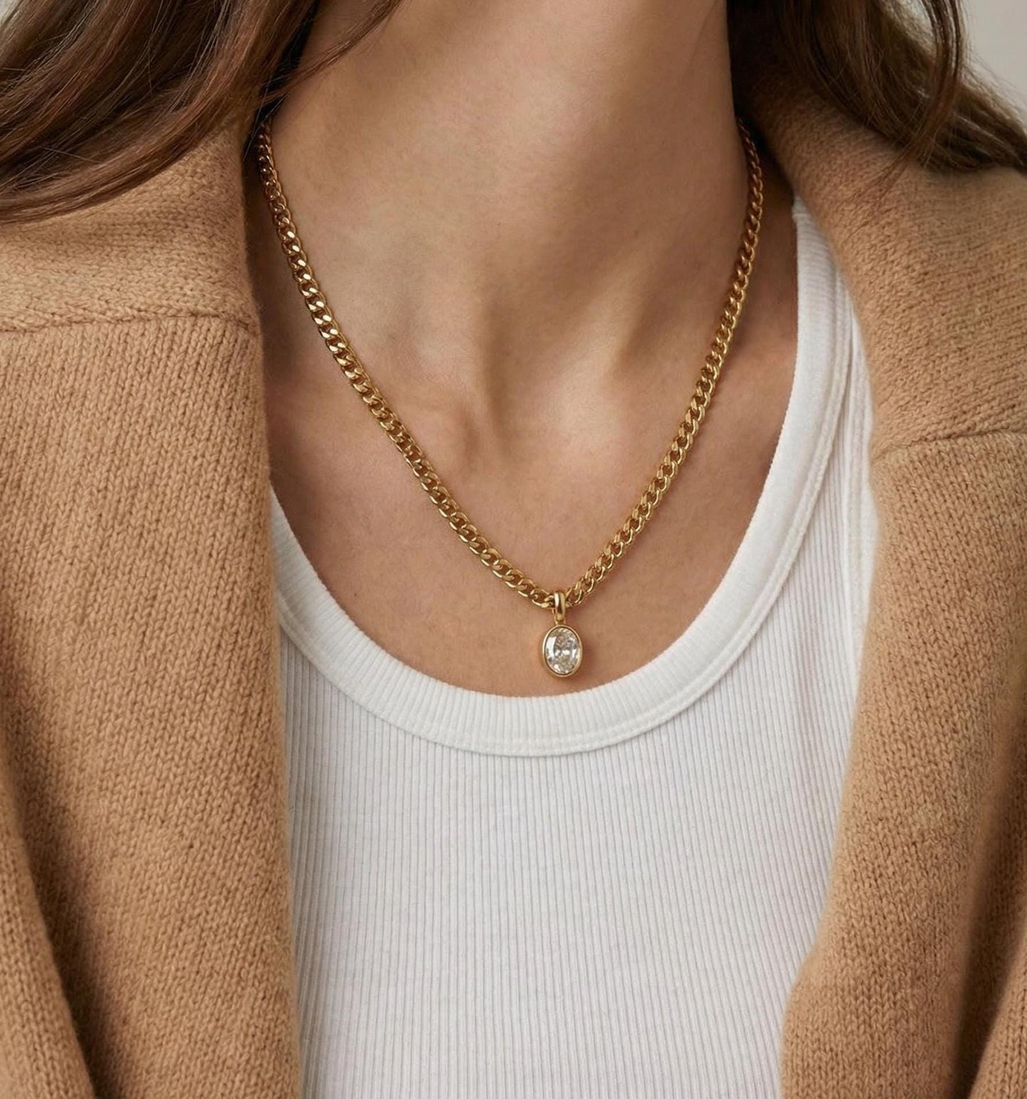 Gold 18K Plated Stainless Steel Necklace Minimalist Chain with Zircon Pendant Elegant Waterproof Jewelry for Women Girls