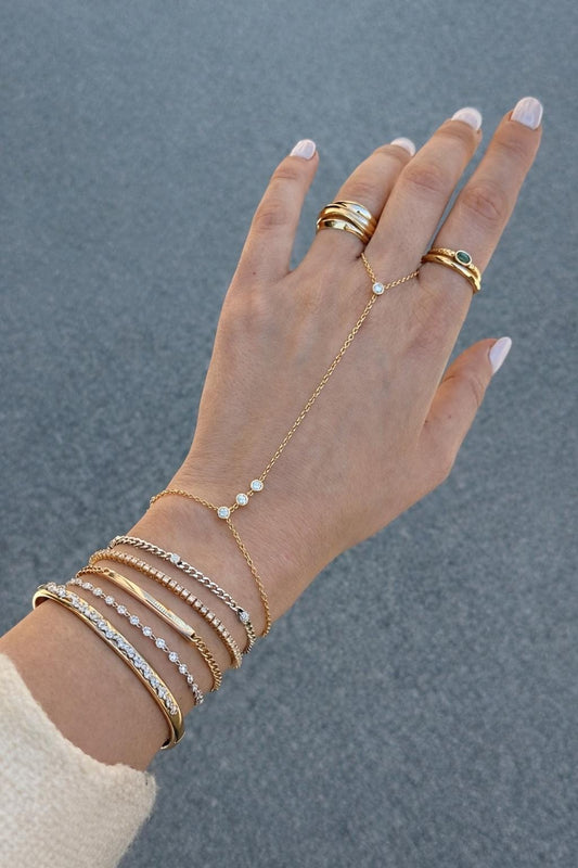 Gold Hand Chain Bracelet with Cubic Zirconia | Stainless Steel Hand Harness | Minimal Jewelry, Waterproof, Parisian Chic