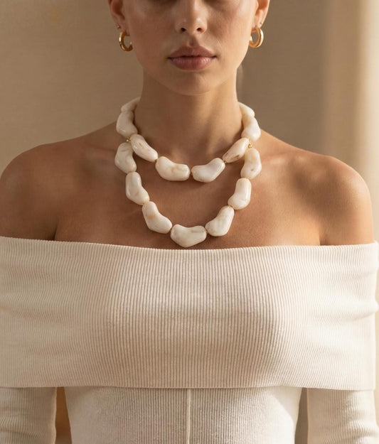 Chunky Resin Pebble Necklace  Cream Statement Necklace with Stainless Steel Clasp  Modern Minimalist Jewelry for Women